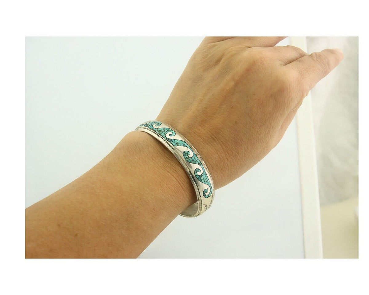 Navajo Bracelet 925 Silver Inlaid Turquoise Cuff Artist Signed LB C80s