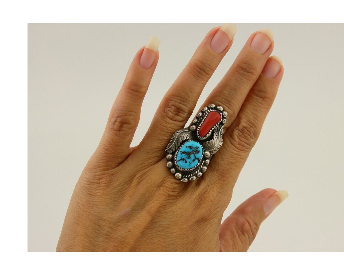 Navajo Ring 925 Sterling Silver Natural Coral & Turquoise Signed SC C.80's
