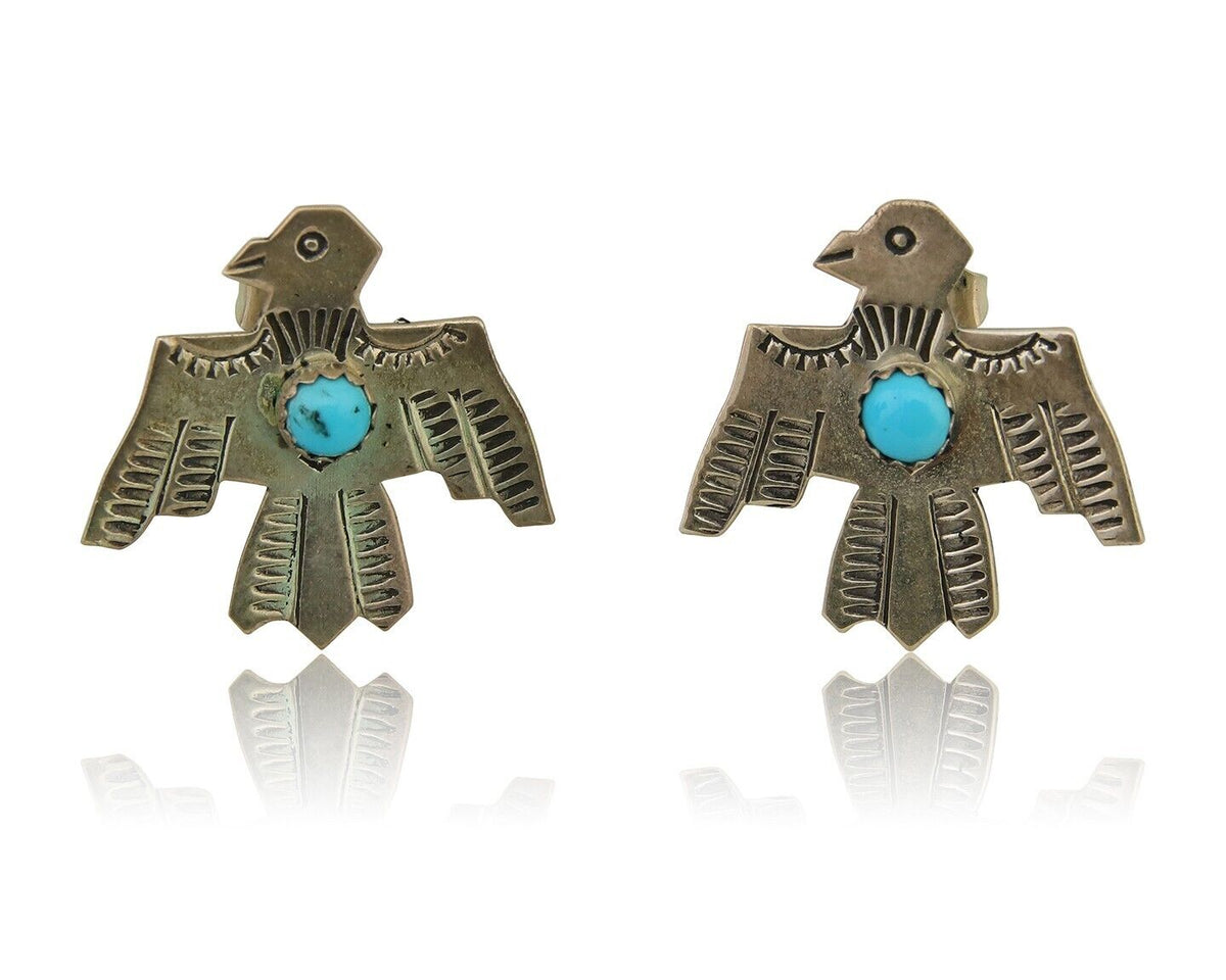 Navajo Thunderbird Earrings 925 Silver Natural Turquoise Native Artist C.80's