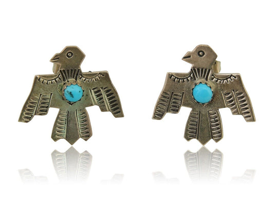 Navajo Thunderbird Earrings 925 Silver Natural Turquoise Native Artist C.80's