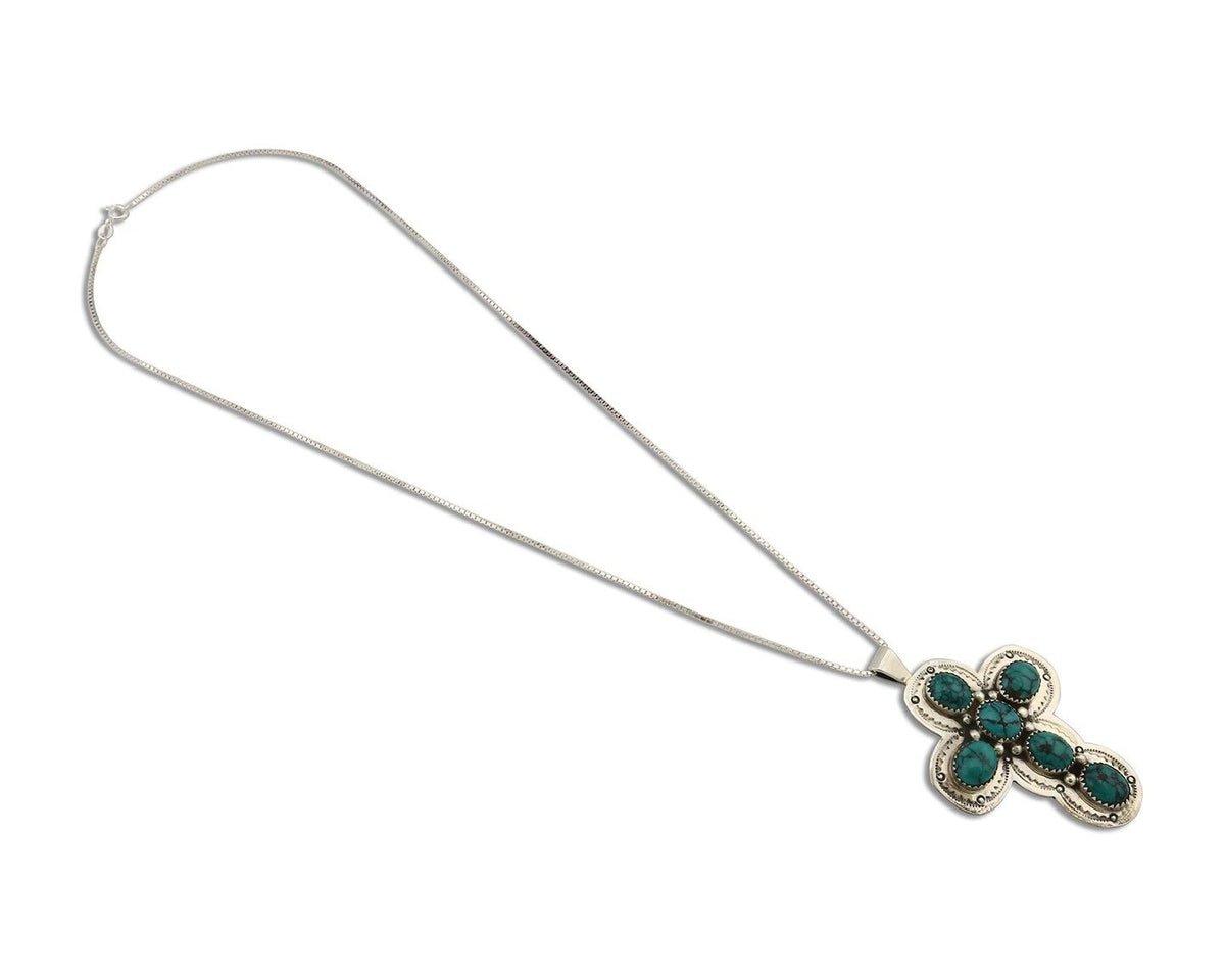 Navajo Cross Pendant 925 Silver Spiderweb Turquoise Native American Artist C80s