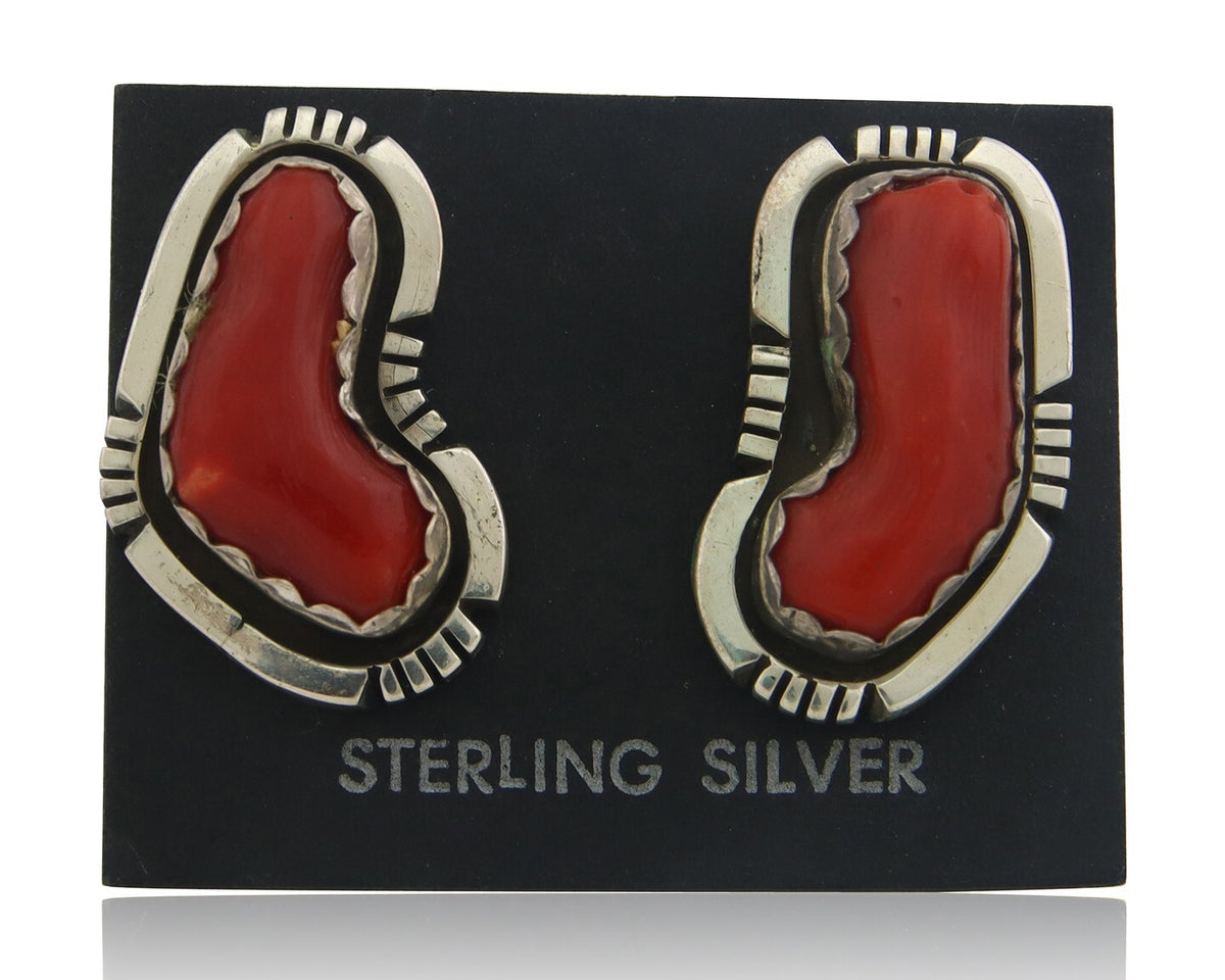 Navajo Earrings 925 Silver Natural Coral Artist Signed Charles Johnson C.80's