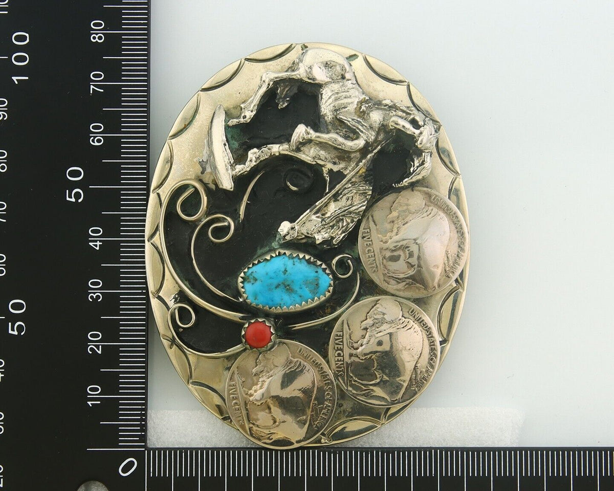Navajo Belt Buckle .999 Nickel Buffalo Gemstone Signed W.O.W. 2.5x3.0 in C.80's