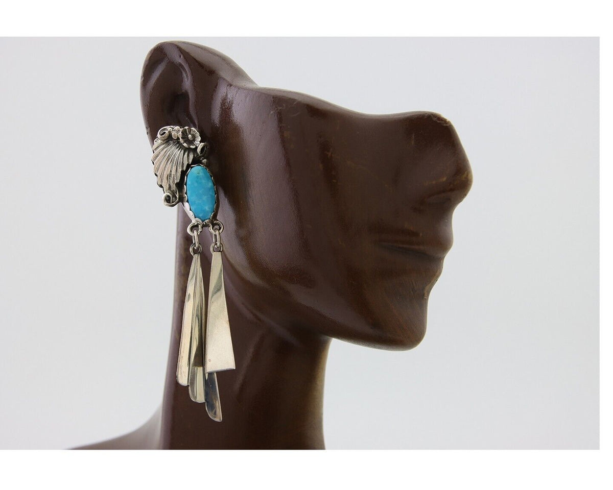 Navajo Dangle Earrings 925 Silver Natural Blue Turquoise Artist Signed M.S. C80s