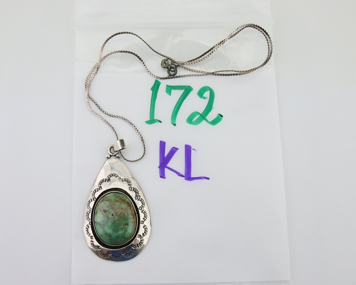 Navajo Necklace 925 Silver Natural Green Turquoise Artist Signed MC C.80's