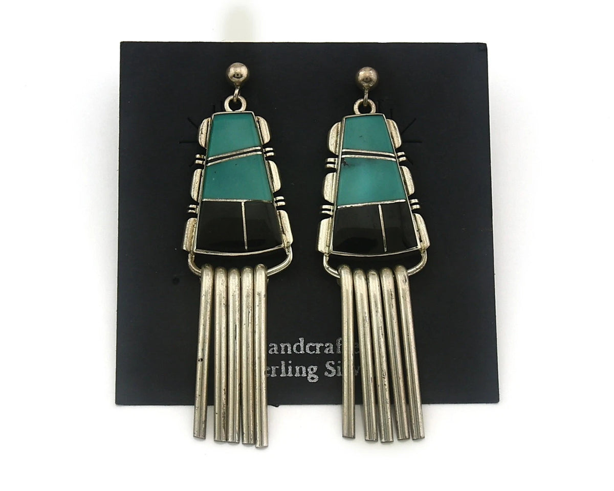 Navajo Earrings 925 Sterling Silver Natural Gemstones Signed John Charlie C.80's