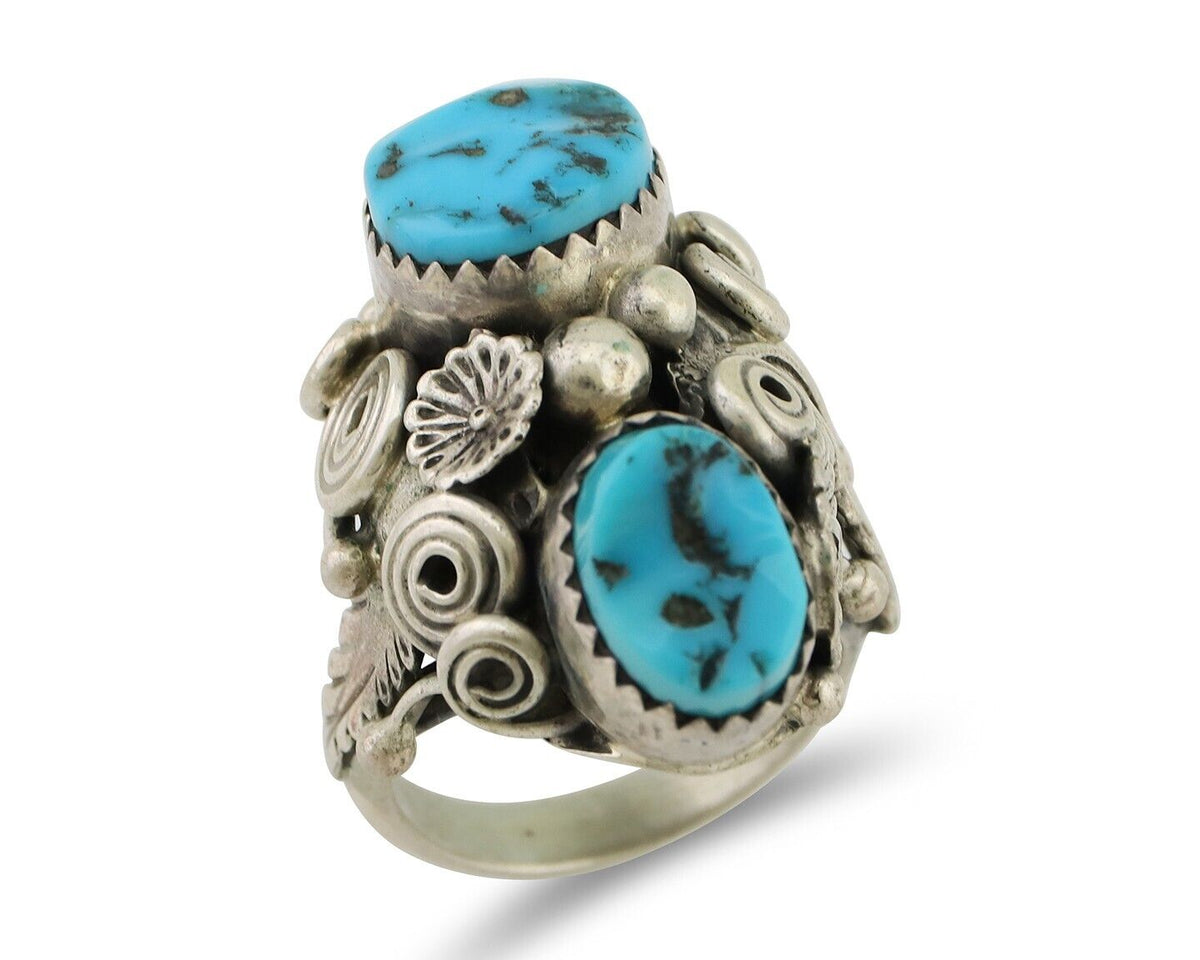 Navajo Handmade Ring 925 Silver Sleeping B Turquoise Artist Signed IHMJ C.80's