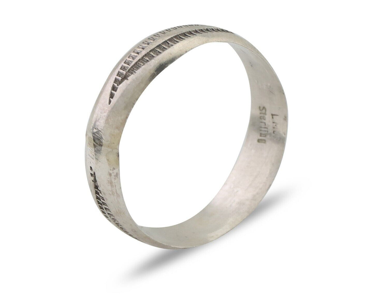 Navajo Hand Stamped Band 925 Silver 5.0 mm Signed Larry Chavez Size 7.25 C.80's