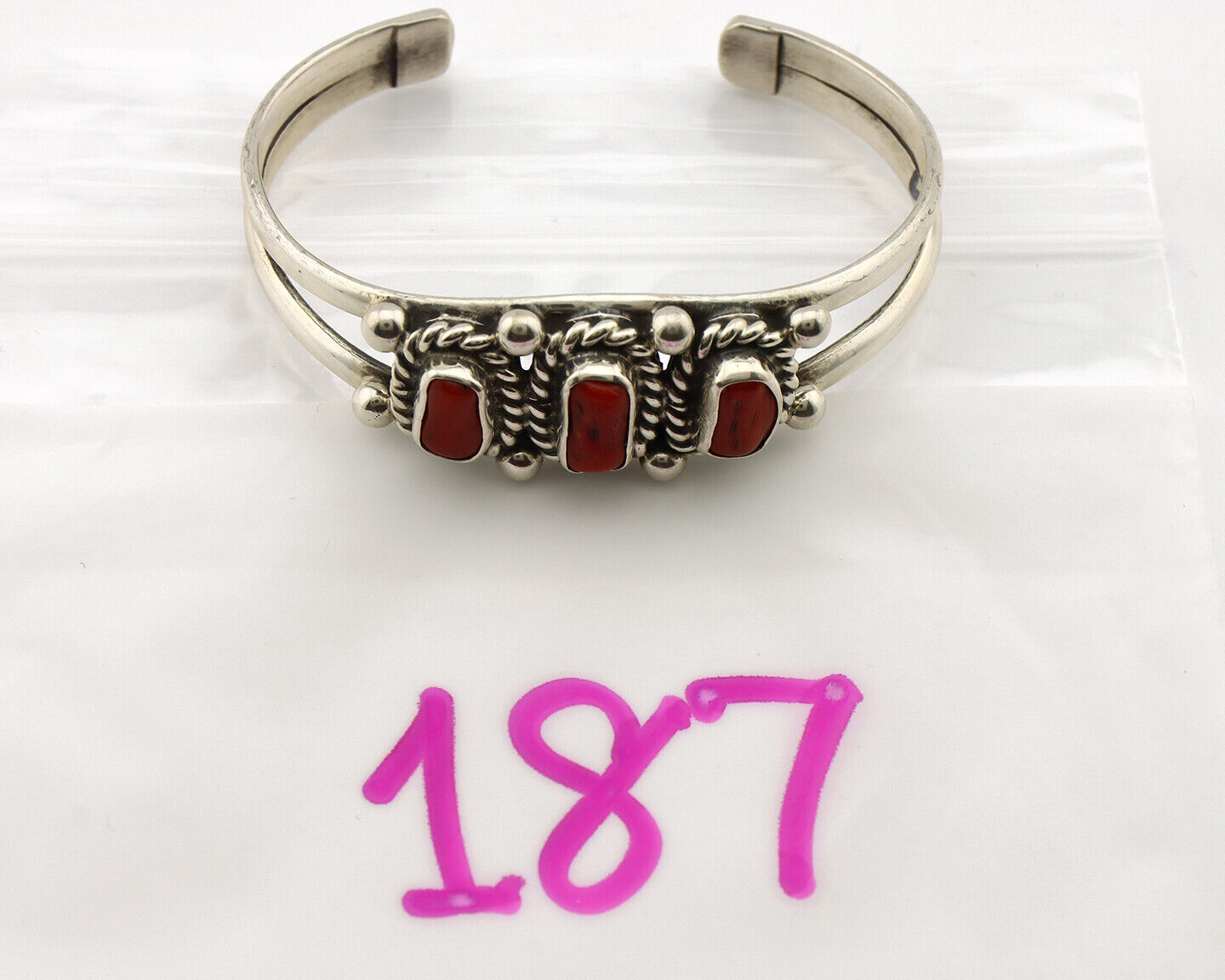 Navajo Bracelet .925 Silver Natural Red Coral Artist Native American C.1980's