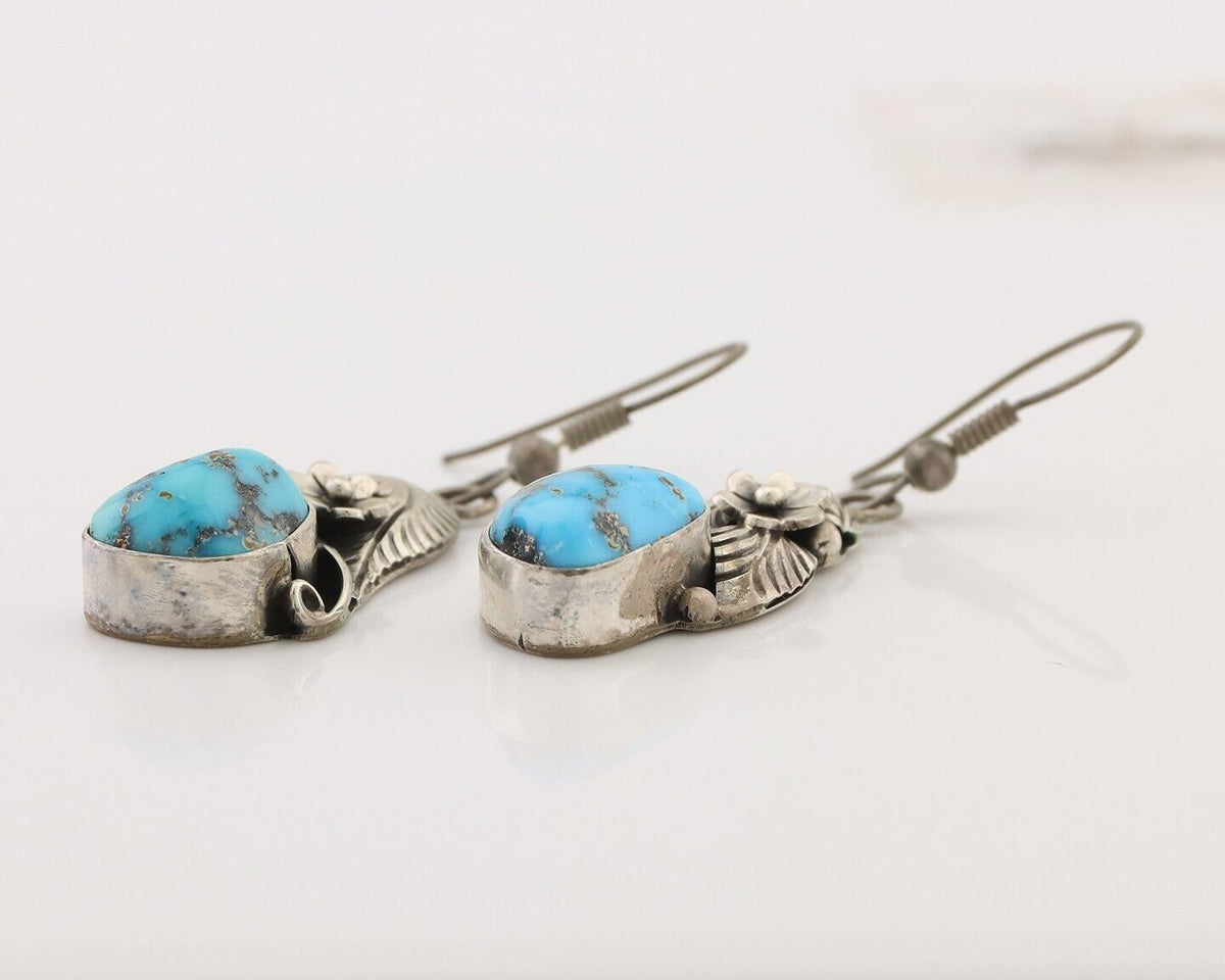 Navajo Handmade Earrings 925 Silver Natural Turquoise Native Artist C.80's