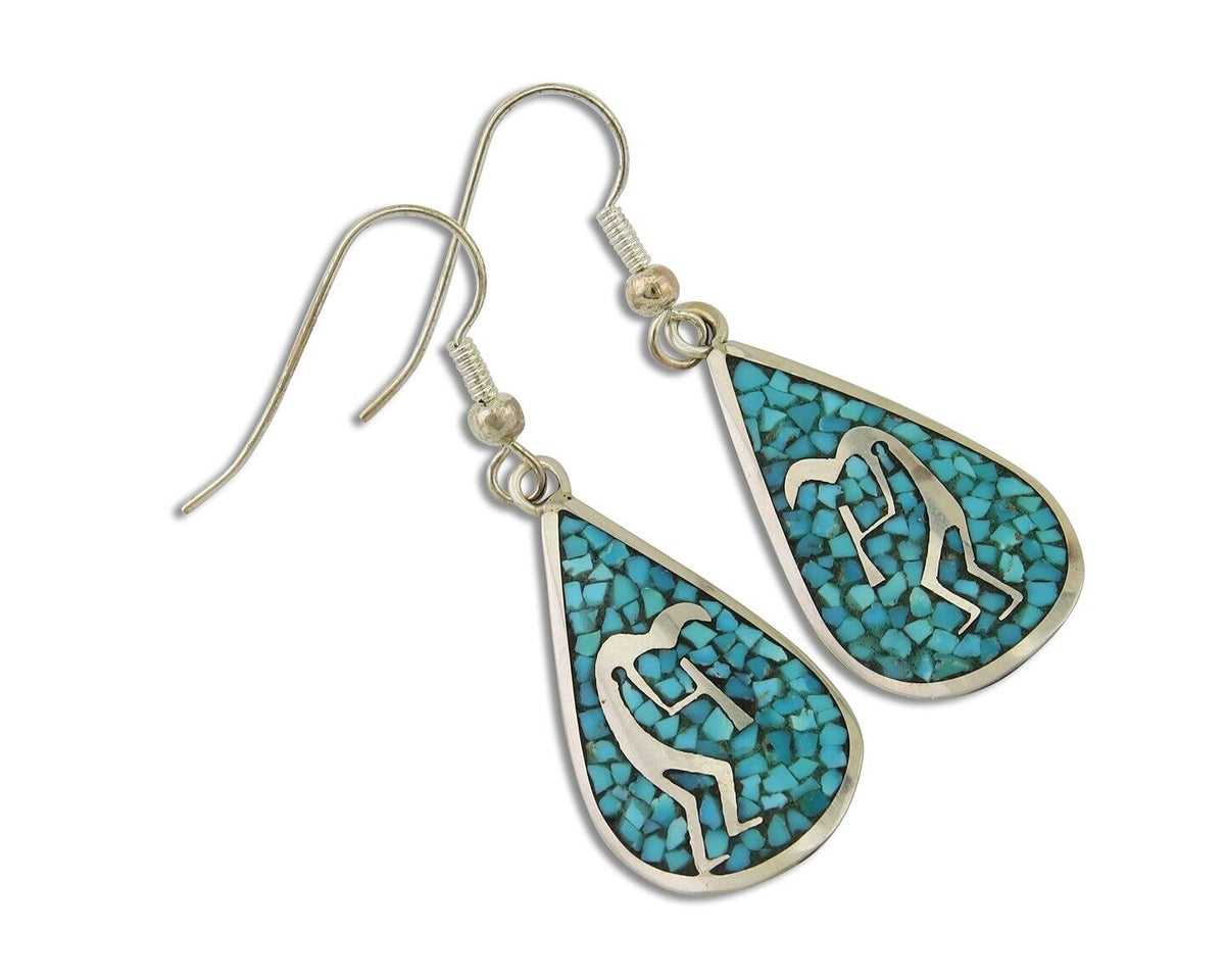 Navajo Kokopelli Earrings 999 Nickel Chip Inlay Turquoise Coral Native American
