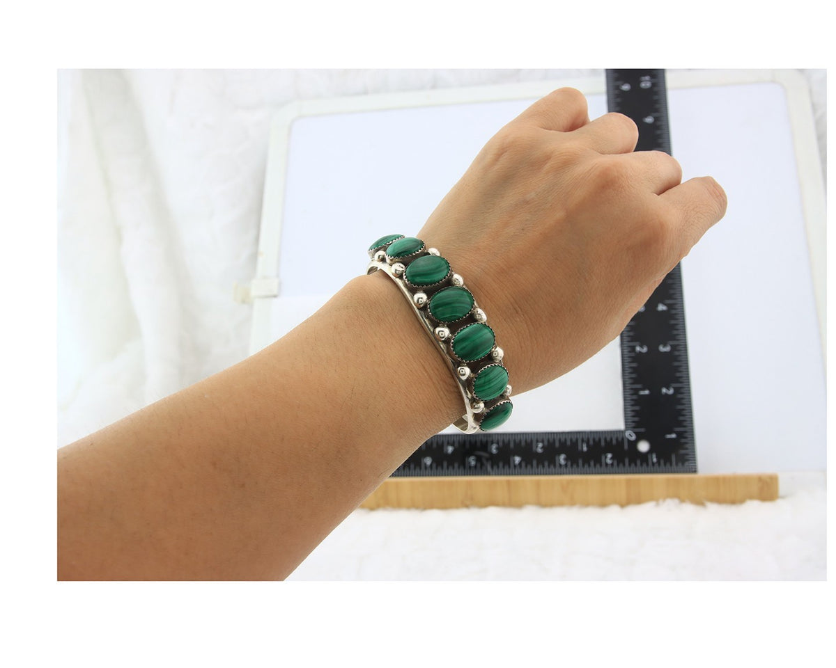 Navajo Cuff Bracelet Sterling Silver Natural Malachite Vintage Signed Pat Yazzie