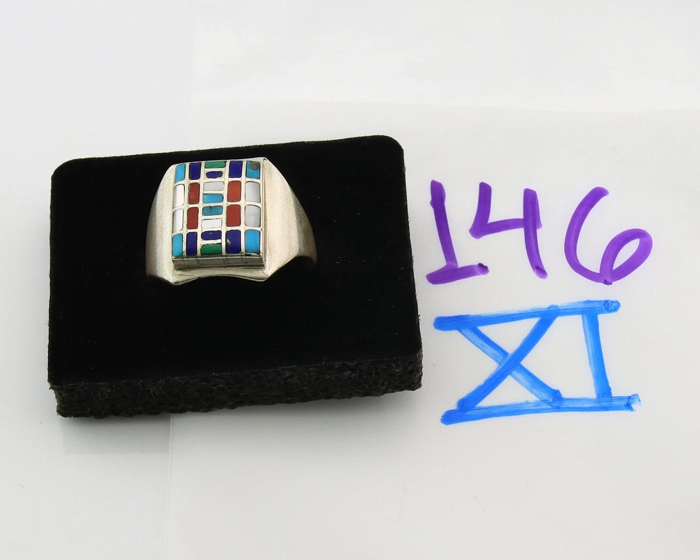 Men Navajo Ring Sterling Silver Vintage Gemstones Signed HM & JB Size 12.75