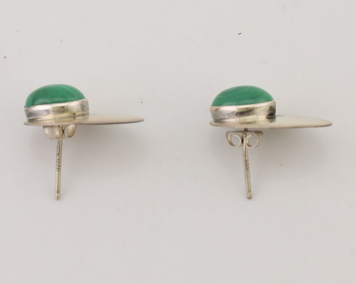 Navajo Shield Earrings 925 Silver Natural Malachite Signed Ella Peters C.80's