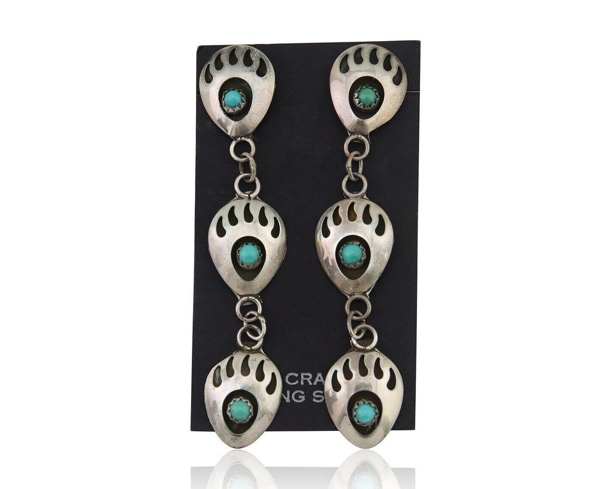 Navajo Paw Earrings 925 Silver Kingman Turquoise Native American Artist C.80's