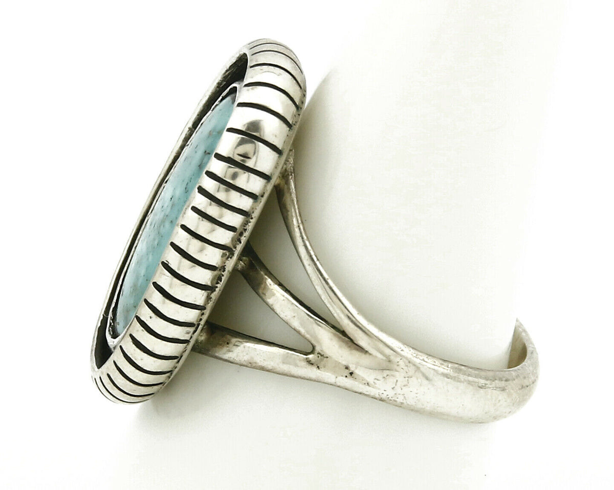 Navajo Ring .925 SOLID Silver Kingman Turquoise Artist Signed Montoya C.1980's