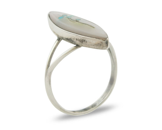 Vintage Navajo Ring 925 Sterling MOP & Turqouiuse Signed J Size 7.5