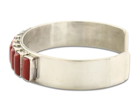 Vintage Navajo Bracelet 925 Silver Red Coral handmade Signed Daniel Mike