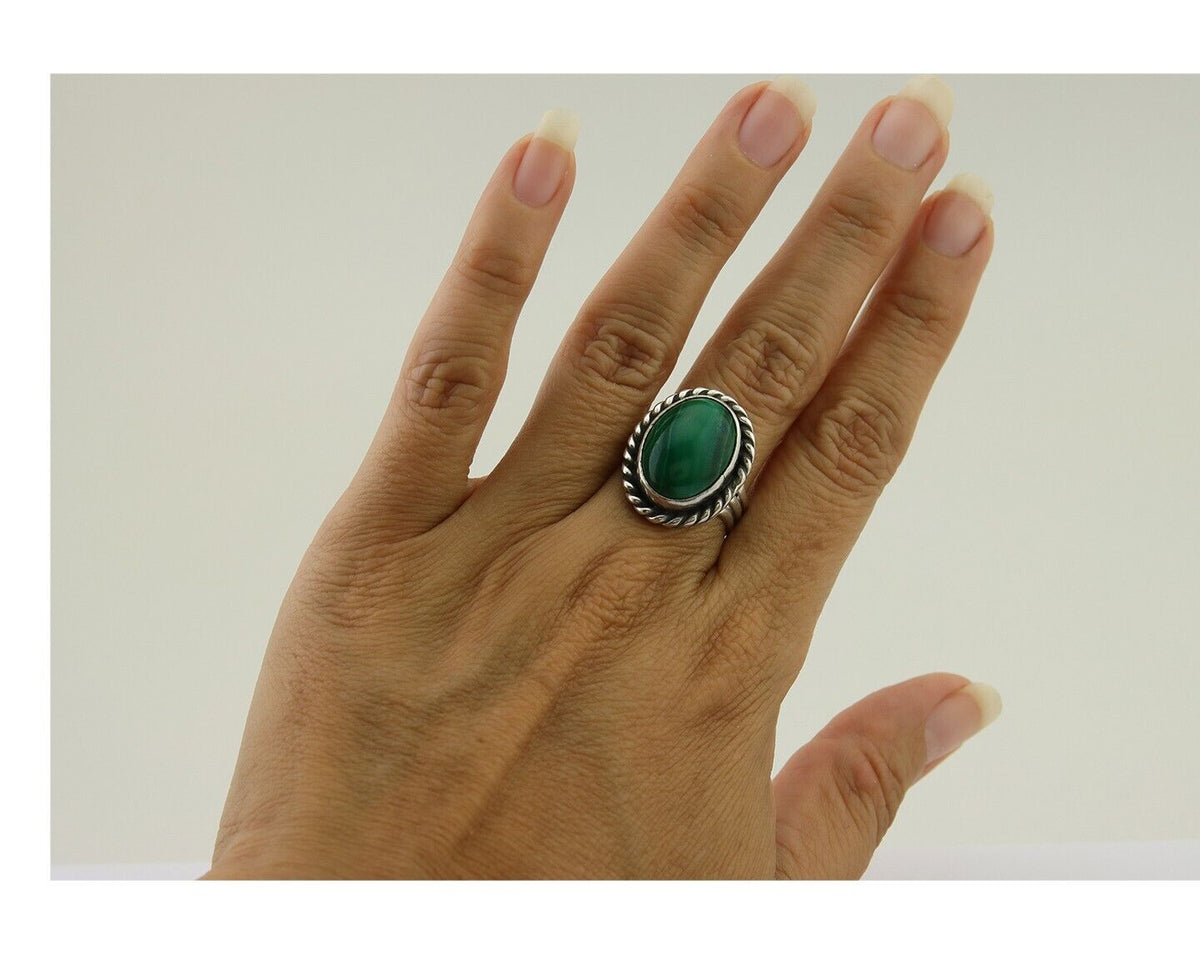 Navajo Ring 925 Silver Natural Malachite Native American Artist C.80's