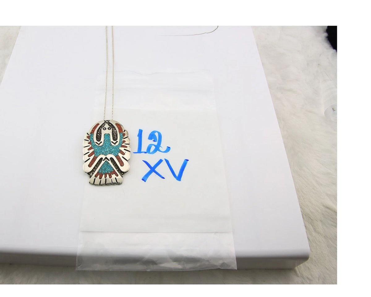 Navajo Phoenix Necklace Sterling Silver Turquoise & Coral Signed RP