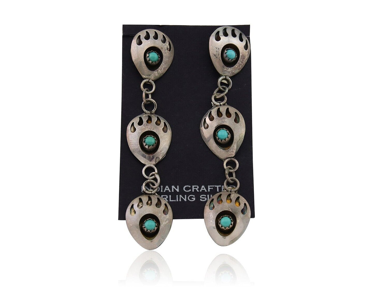Navajo Paw Earrings 925 Silver Kingman Turquoise Native American Artist C.80's