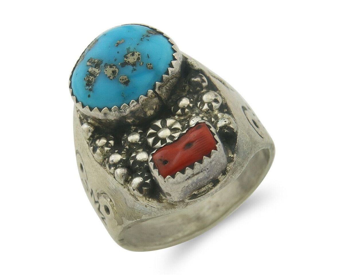 Men Heavy Navajo Ring 925 Sterling Natural Coral & Turquoise C.80's Size 11