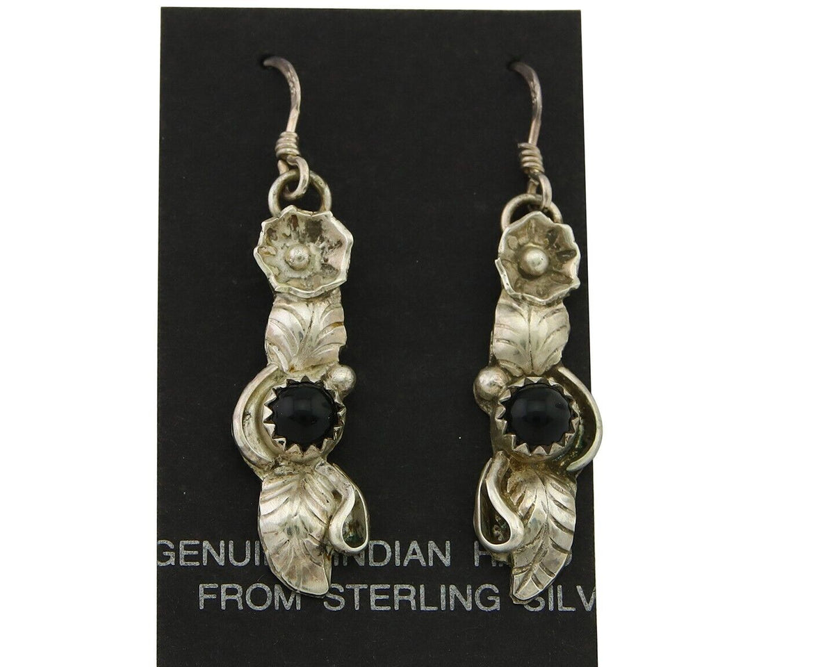 Navajo Earrings 925 Silver Handmade Natural Onyx Signed DB C.80's