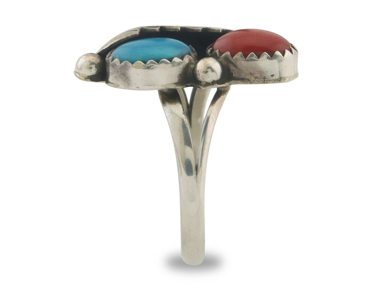 Navajo Ring 925 Sterling Natural Coral & Turquoise Signed BB C.80's Size 7.5