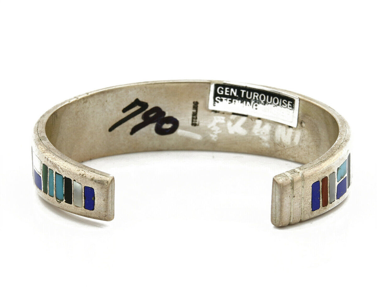 Early Artist David Freeland Inlaid Natural Gemstone .925 SOLID Silver Cuff