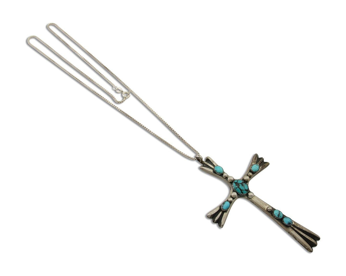 Navajo Sand Cast Cross Pendant 925 Silver Turquoise Signed RJ SILVERSMITHS C.80s