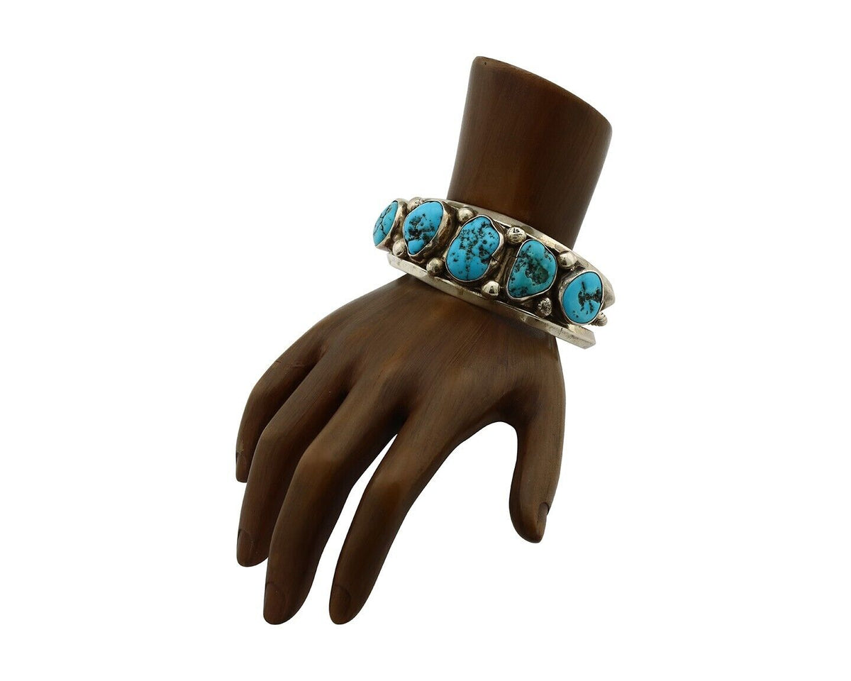 Navajo Bracelet 925 Silver Nugget Sleeping Beauty Turquoise Artist Signed JR C80