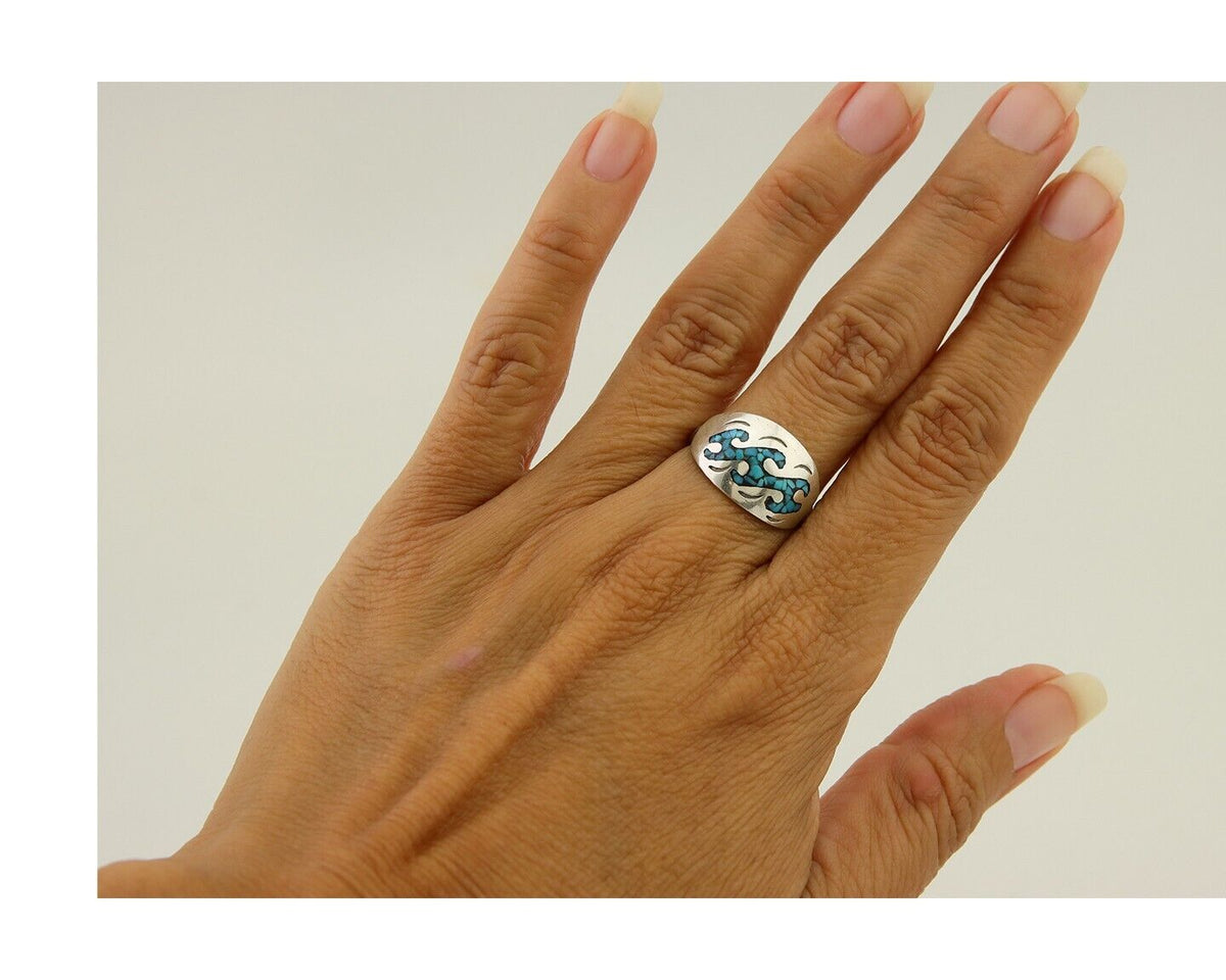 Navajo Wave Ring 925 Silver Turquoise Native Artist C.80's