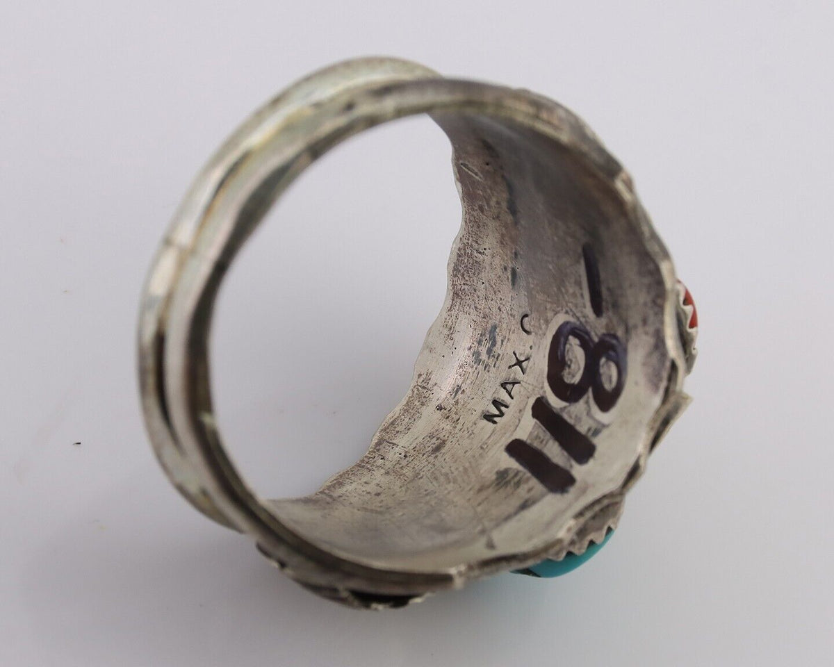 Navajo Ring 925 Silver Coral Turquoise Artist Signed SC C.80's