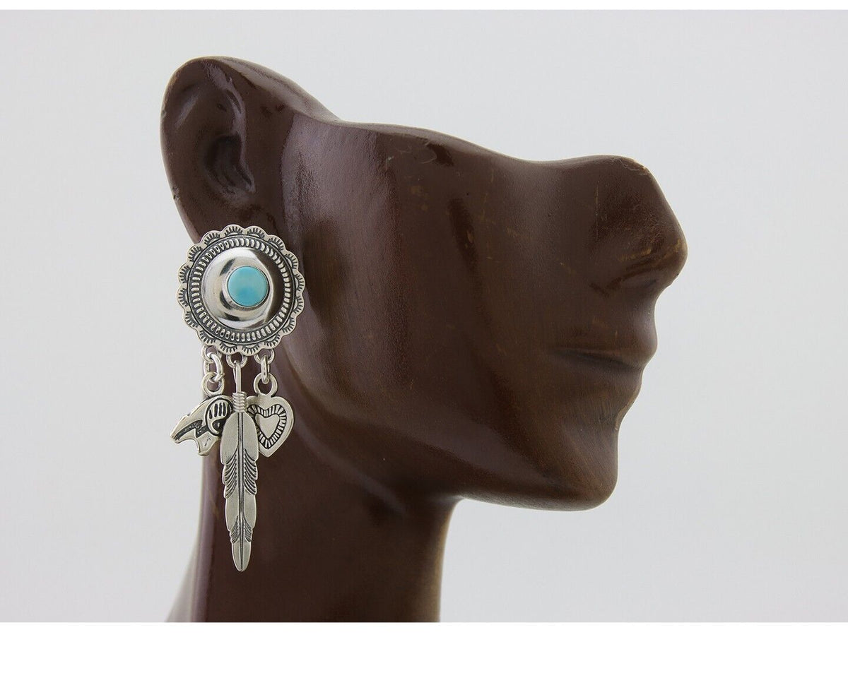 Navajo Concho Dangle Bear Feather Heart Earrings 925 Silver Natural Turquoise