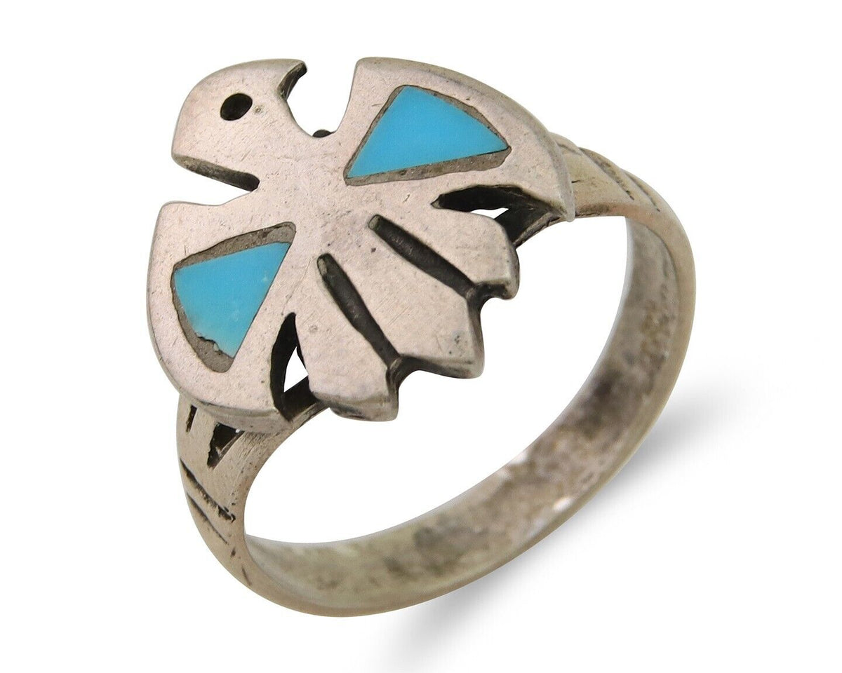 Navajo Handmade Bird Ring 925 Silver Turquoise Native Artist C.80's