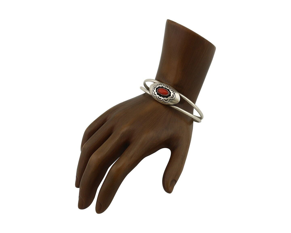 Navajo Bracelet 925 Silver Natural Red Coral Artist Signed AR ARROW C.80's