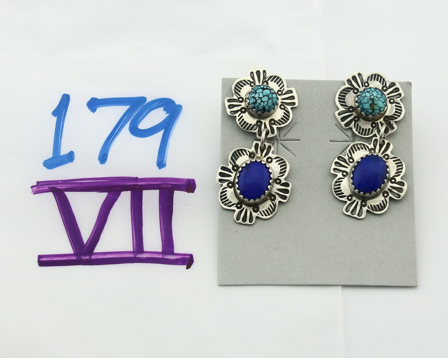Navajo Earrings Sterling Silver Lapis & Truquoise Vintage Signed Mary Ellen