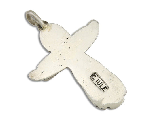 Zuni Cross Pendant 925 Silver Mediterranean Coral Signed W Iule C.80s