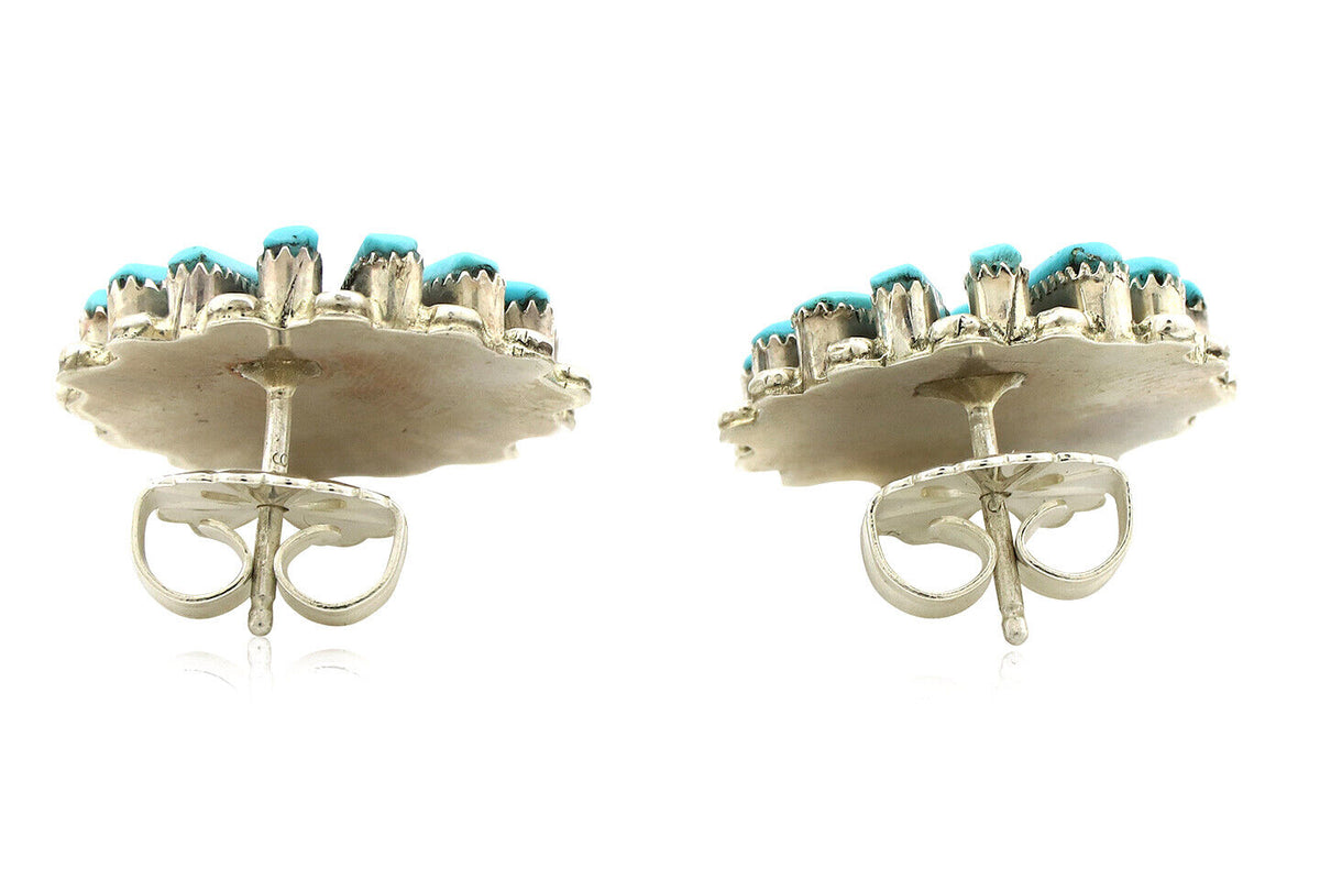 Zuni Earrings .925 Silver Petti Point Natural Blue Turquoise Native Artist C.80s