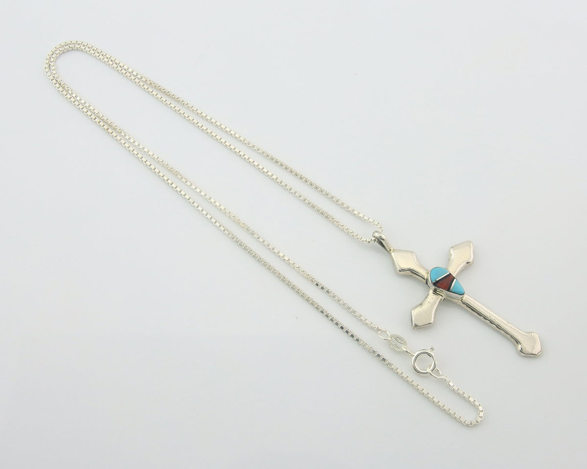 Navajo Cross Necklace Sterling Silver Authentic Natural Gemstones Signed M