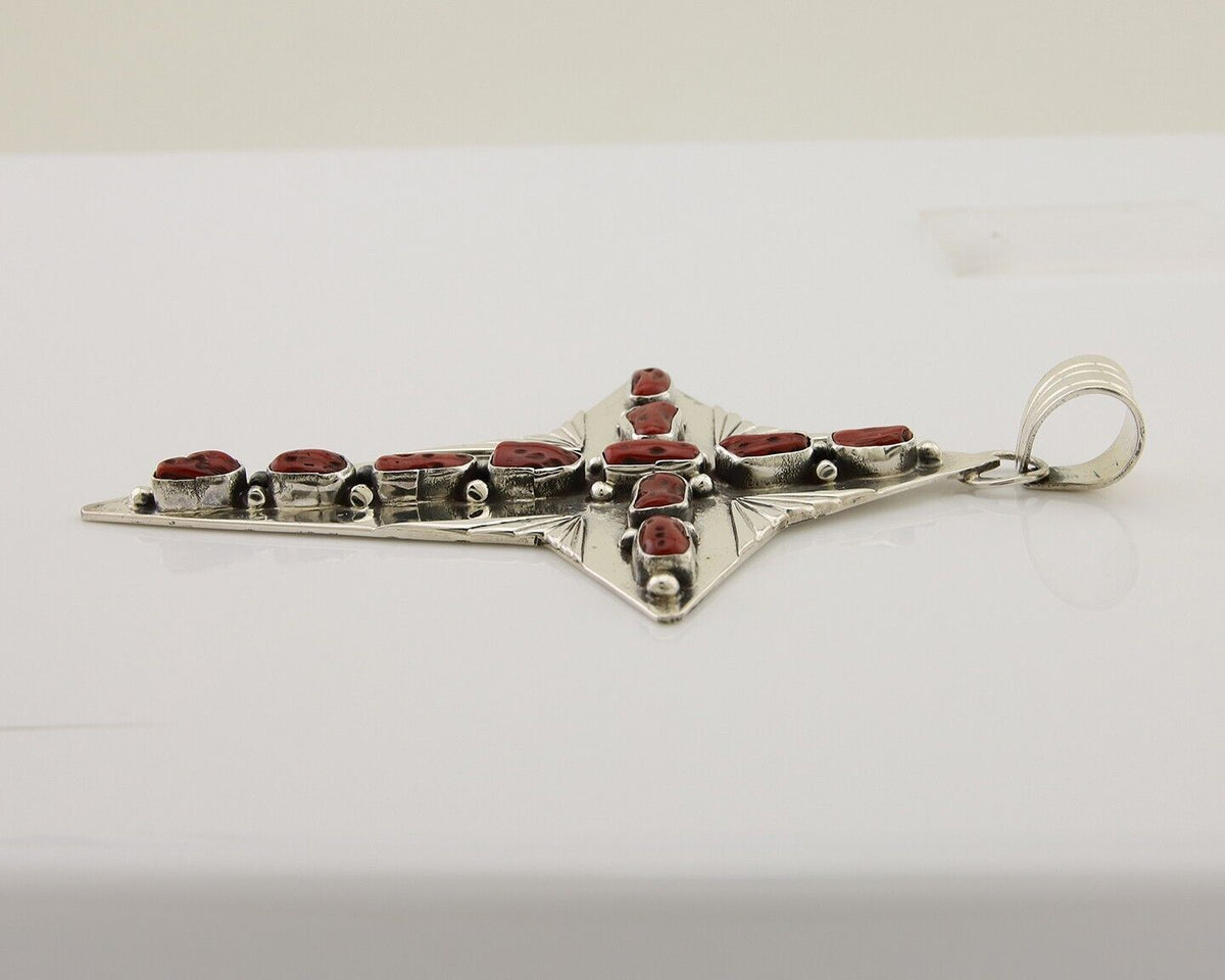 Large Navajo Cross Pendant 925 Silver Mediterranean Coral Artist Signed RD C.80s