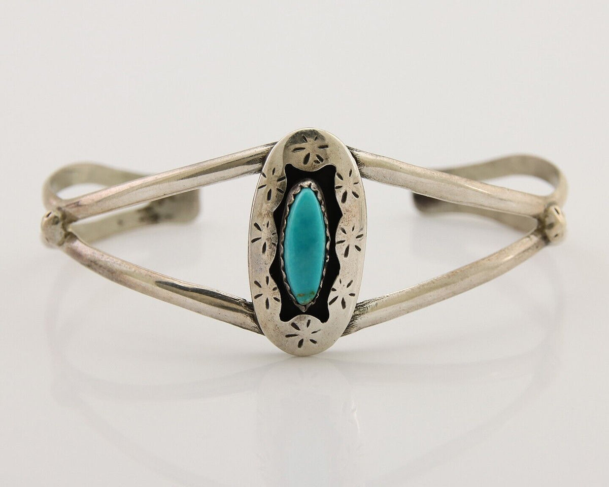 Navajo Hand Stamped Cuff Bracelet Turquoise 925 Silver Artist Signed IJC C.80's