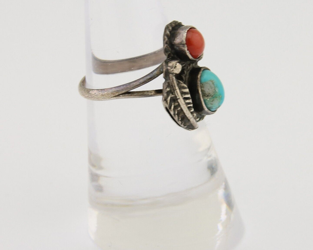 Navajo Handmade Ring 925 Silver Coral & Turquoise Native Artist C.80's
