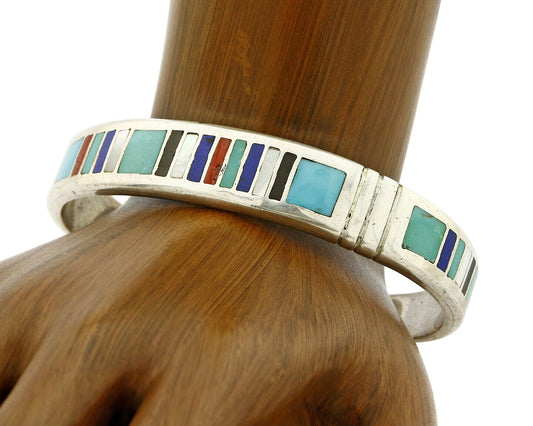 Navajo Signed EDD.B. Inlaid Gemstone .925 Silver Handmade Cuff Bracelet
