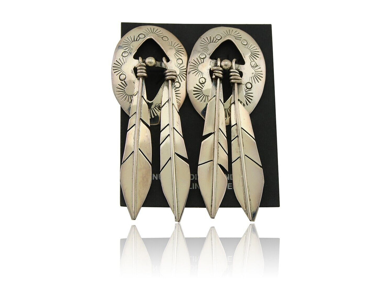 Navajo Feather Earrings 925 Silver Dangle Artist Signed DISHTA C.80's
