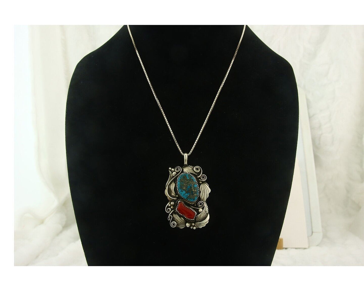 Navajo Necklace 925 Silver Morenci Turquoise & Coral Signed Justin Morris