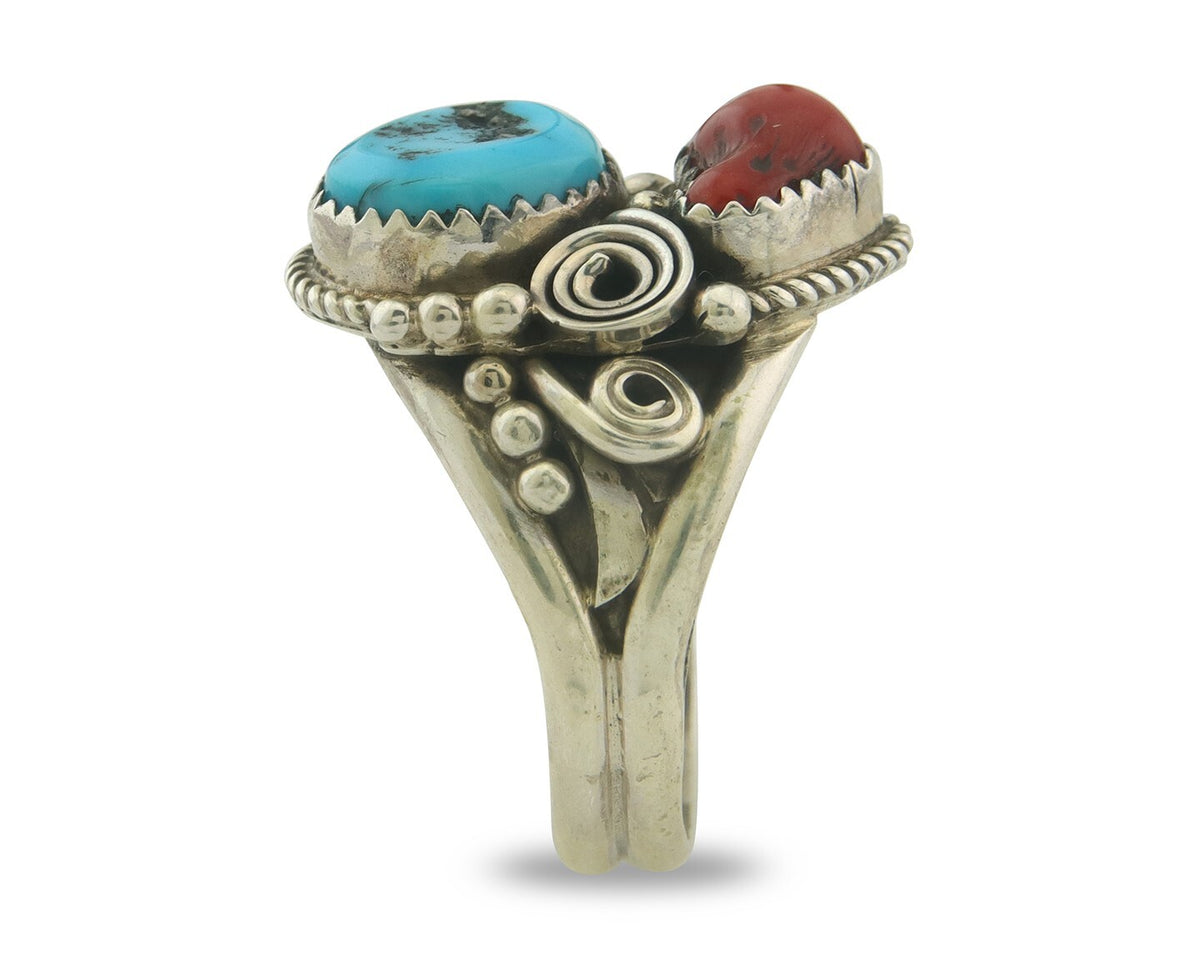 Men Navajo Ring 925 Sterling Natural Coral & Turquoise Signed JM C.80's Sz 12.5
