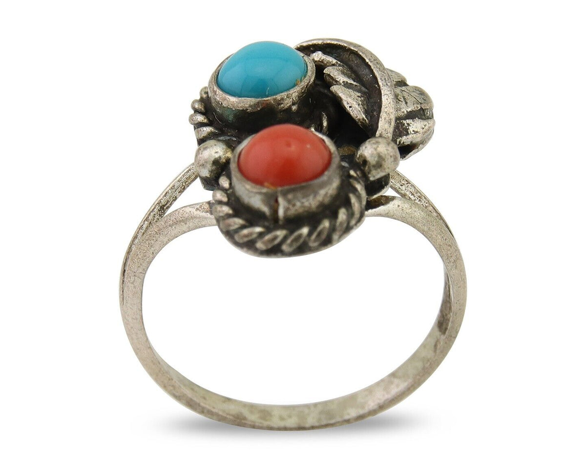 Navajo Handmade Ring 925 Silver Coral & Turquoise Native Artist C.80's