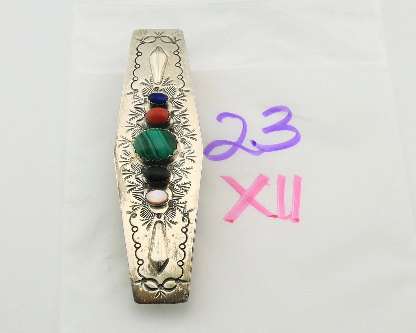 Navajo Barrette Sterling Silver Gemstones Hand Stamped Vintage Signed