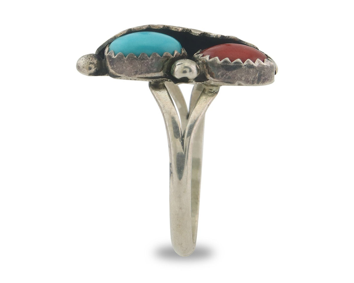 Navajo Ring 925 Sterling Natural Coral & Turquoise Signed BB C.80's Size 8.75